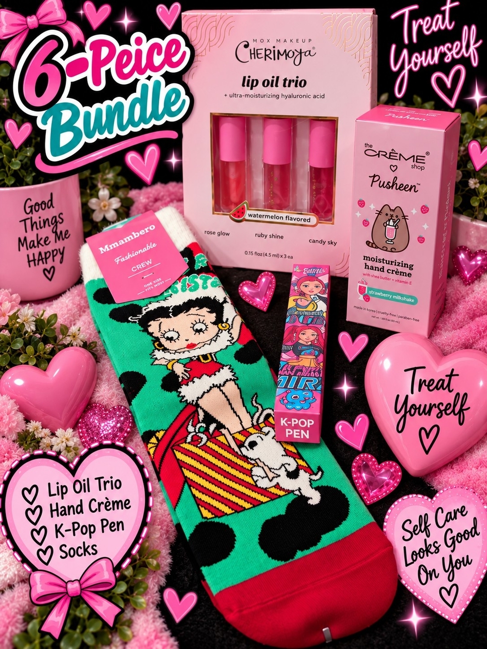 Pink Lip Oil Trio, Hand Cream, Kpop Pen And Betty Boop Socks